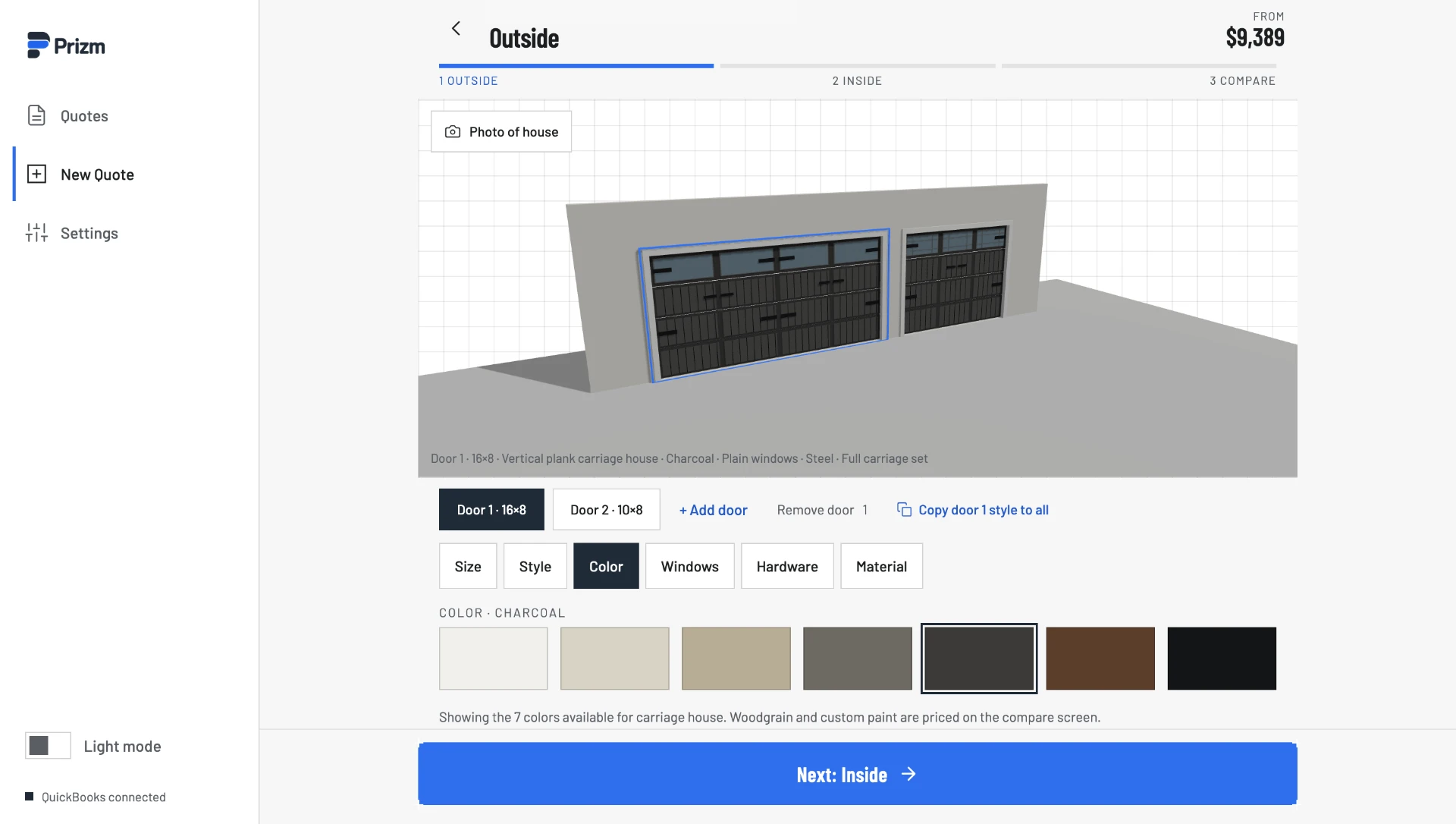 Prizm garage door configuration screen showing door style, color, windows, hardware, and material choices