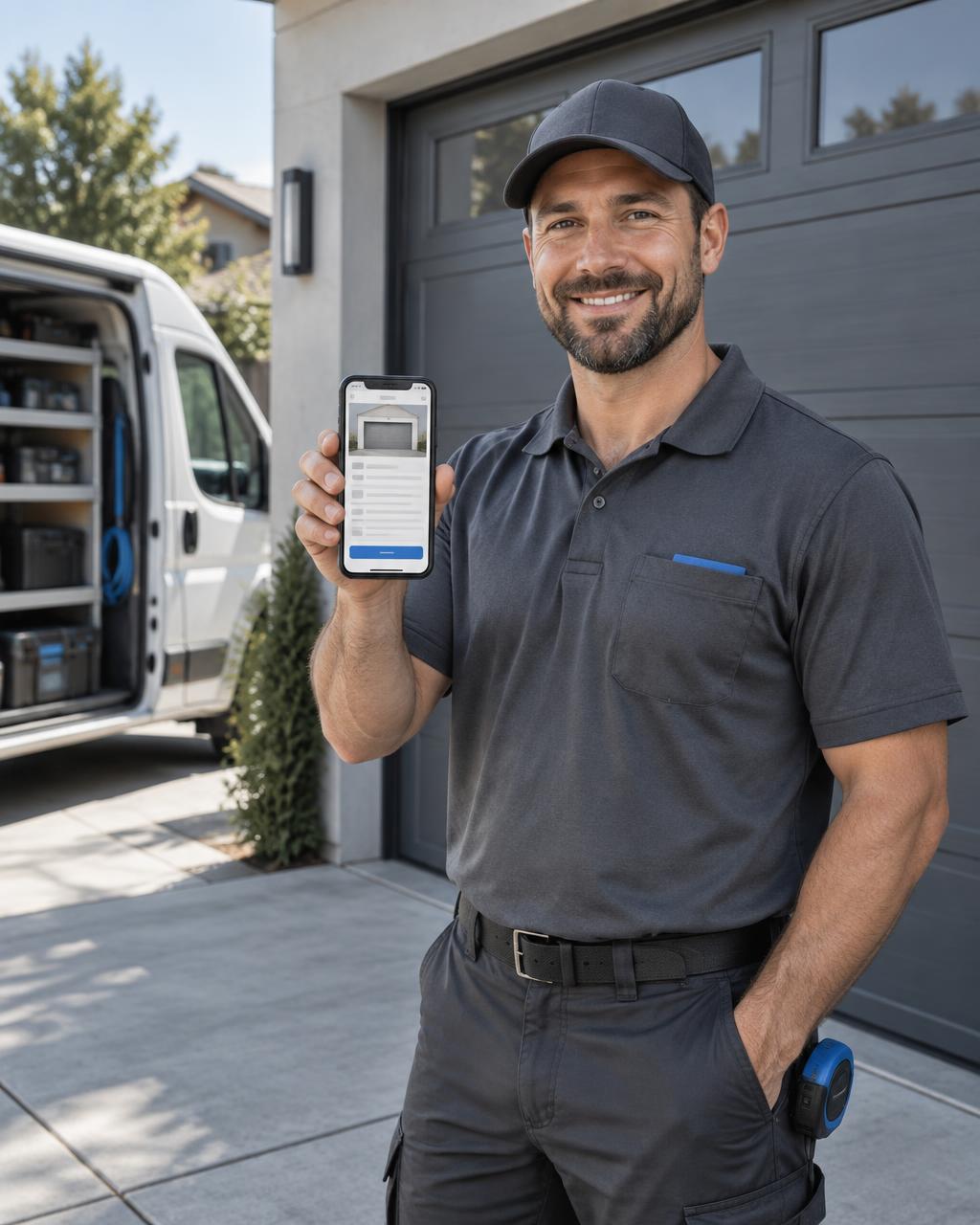 A garage door technician in a driveway holding up a phone showing a job quote, with a work van behind him